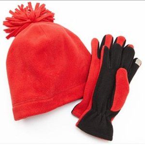 Jacob Ash Igloos Fleece Hat and Tech Gloves Set, Red/Black, Medium/Large
